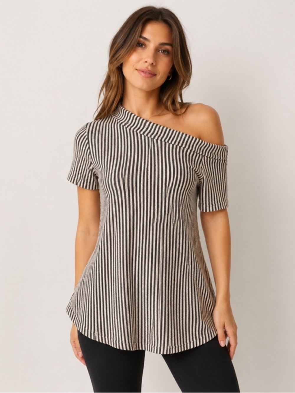 asymmetrical Wanna B Black White Striped Mock Neck Tunic Top Size M Stretch